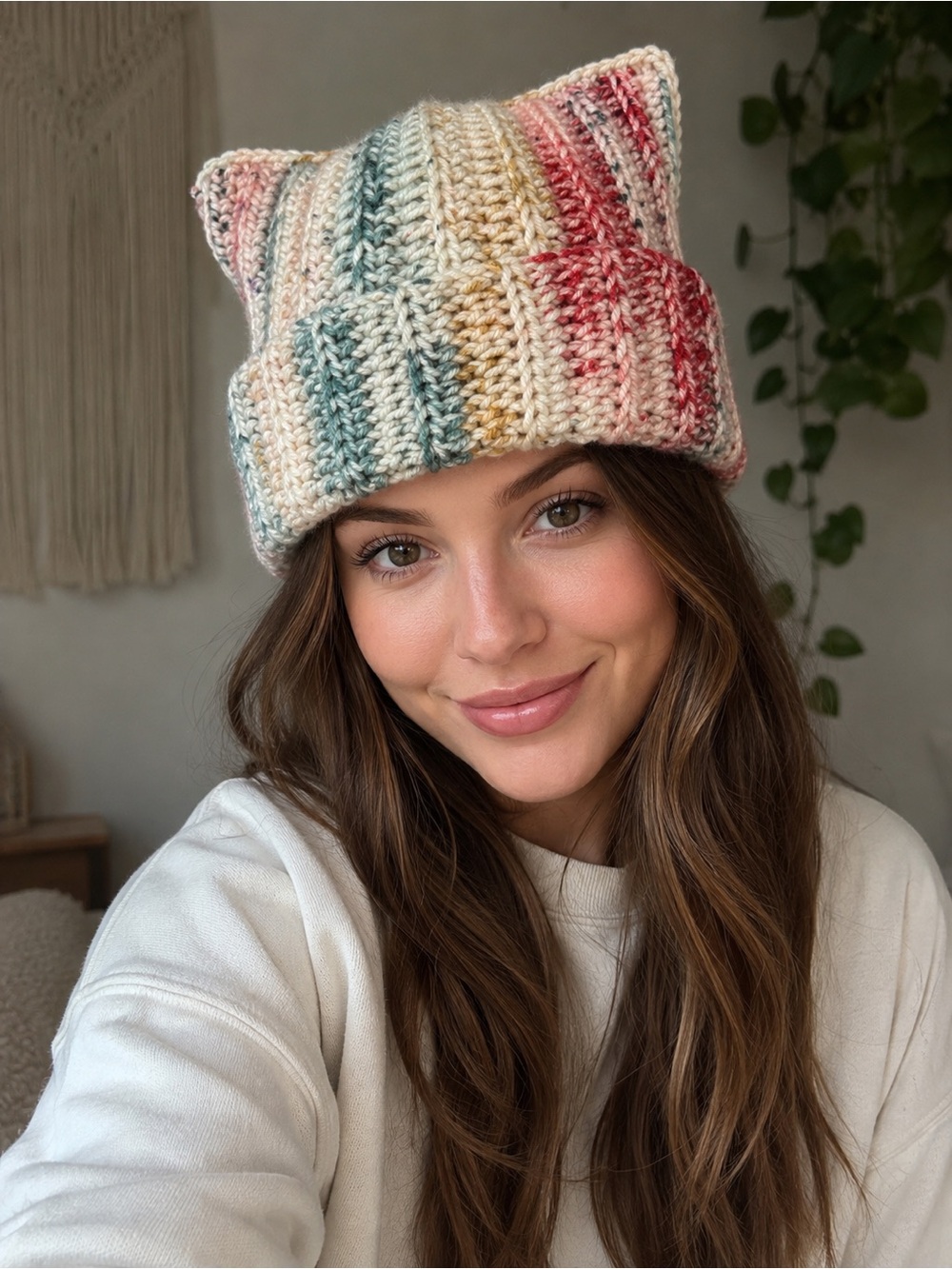 Crochet Cat Ear Beanie Pastel Ribbed Kitty Hat Cottagecore